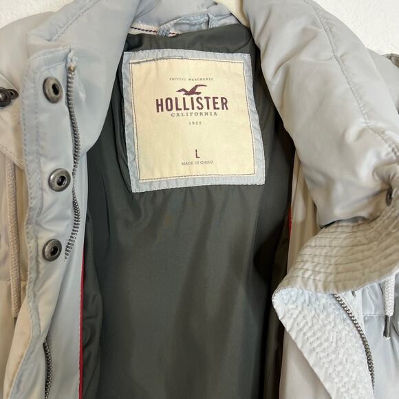 Hollister Puffer Coat Gray Hooded Down Jacket L (Juniors) Lightweight Warm - Picture 5 of 7